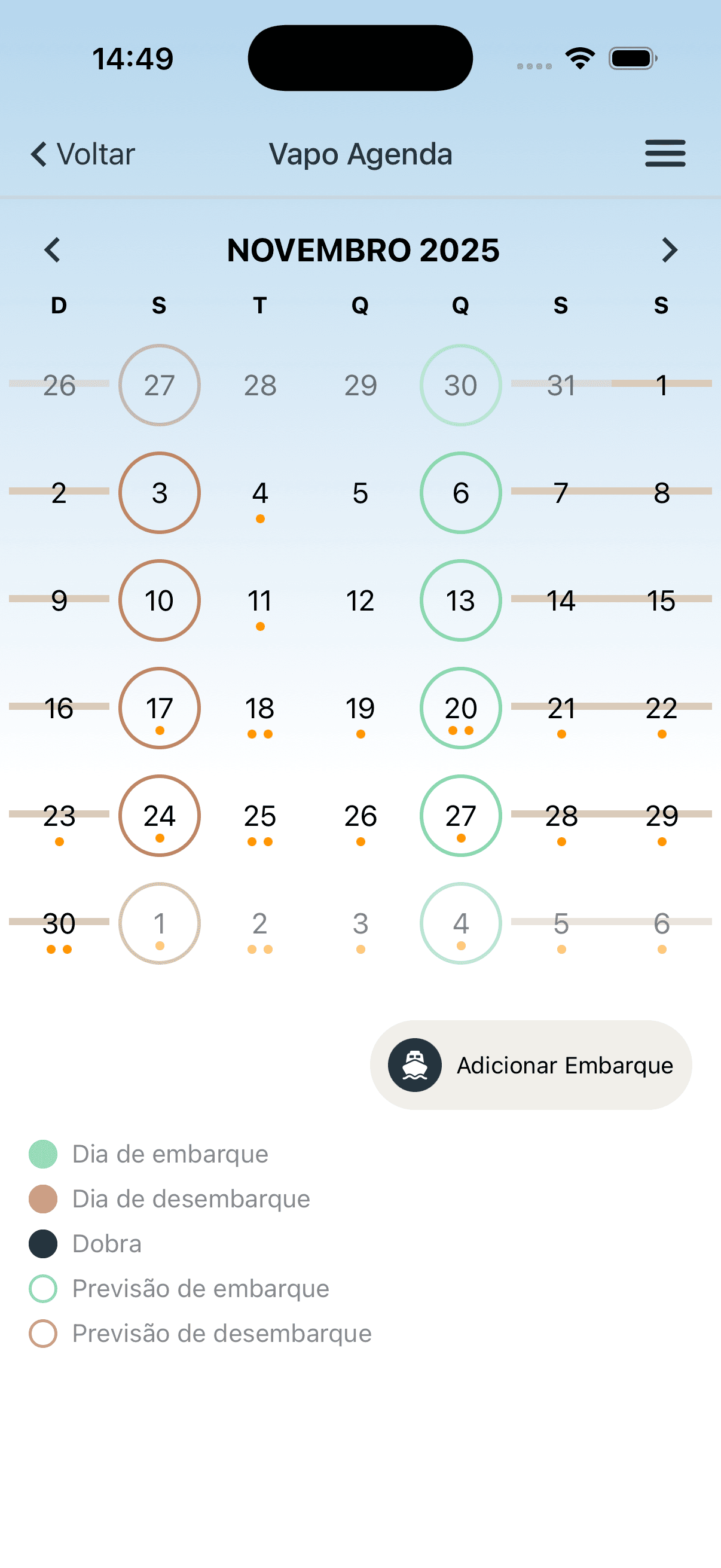 Calendário de embarques